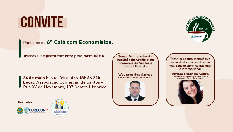 Café com Economistas em Santos debaterá a Inteligência Artificial, seus impactos e o ensino tecnológico no contexto nacional e internacional